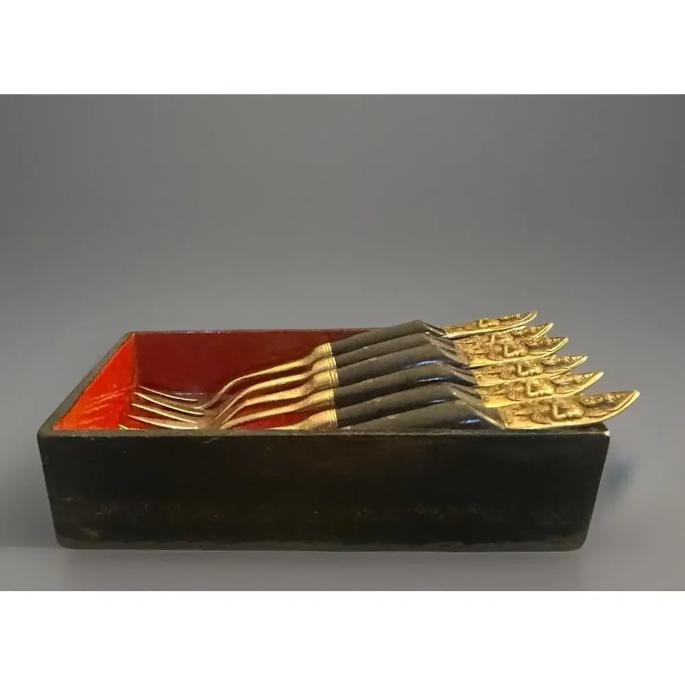 1950’s Siam Buddha Flatware Set Bronze Brass 6 Shrimp Forks Lacquer Display Box